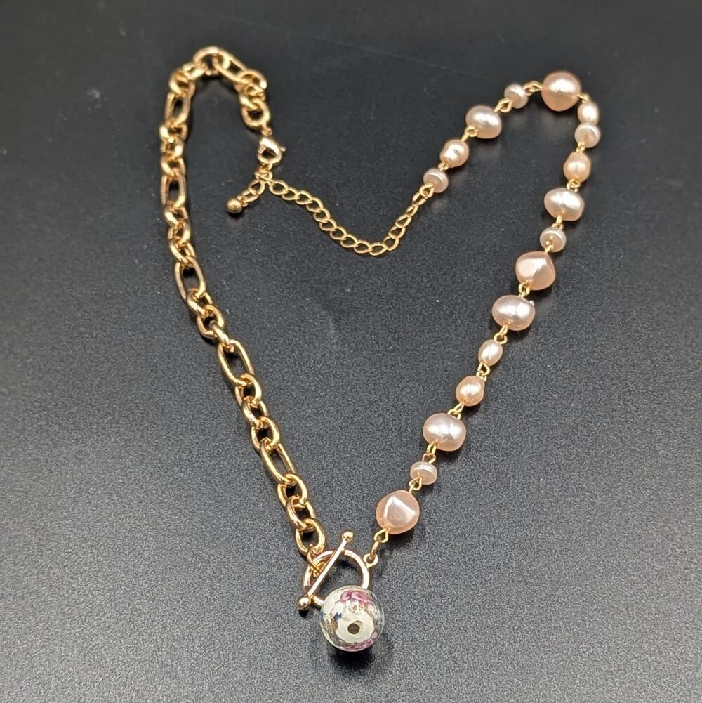 Goldtone Asymmetrical Chain & Faux Pearl Necklace with Glass Floral Bead Toggle